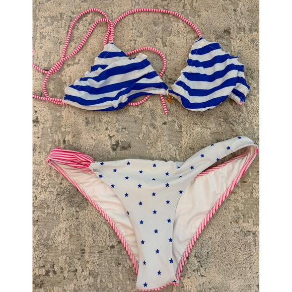Victoria's Secret Other - Victoria's Secret Bikini Set Blue White Striped Star Print Pink Ruffle large